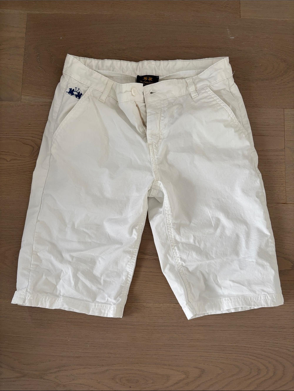 Boys White Cotton Shorts with Blue Embroidery Accent